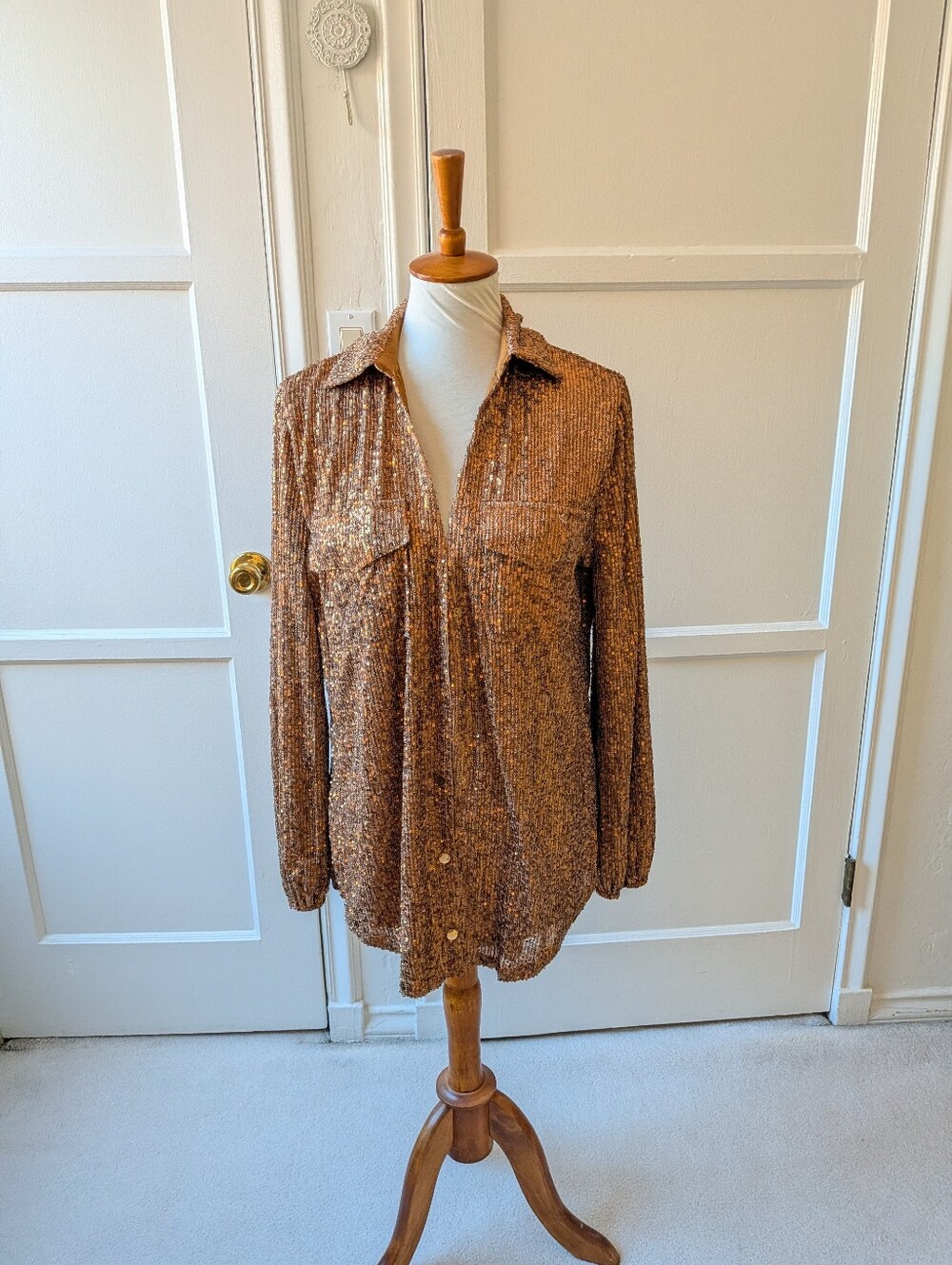 Windsor Gold Sequin Button-Front Long Sleeve Shacket NWT